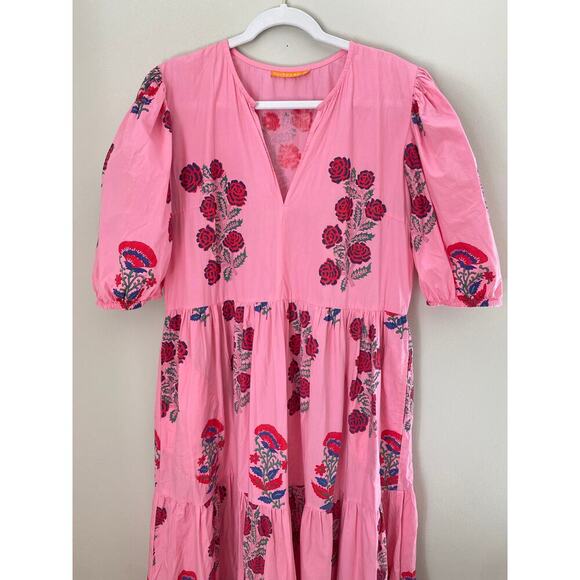 Oliphant Tuckernuck Boca Pink Puff Sleeve Maxi Midi Cotton Block Print Dress - Picture 12 of 16